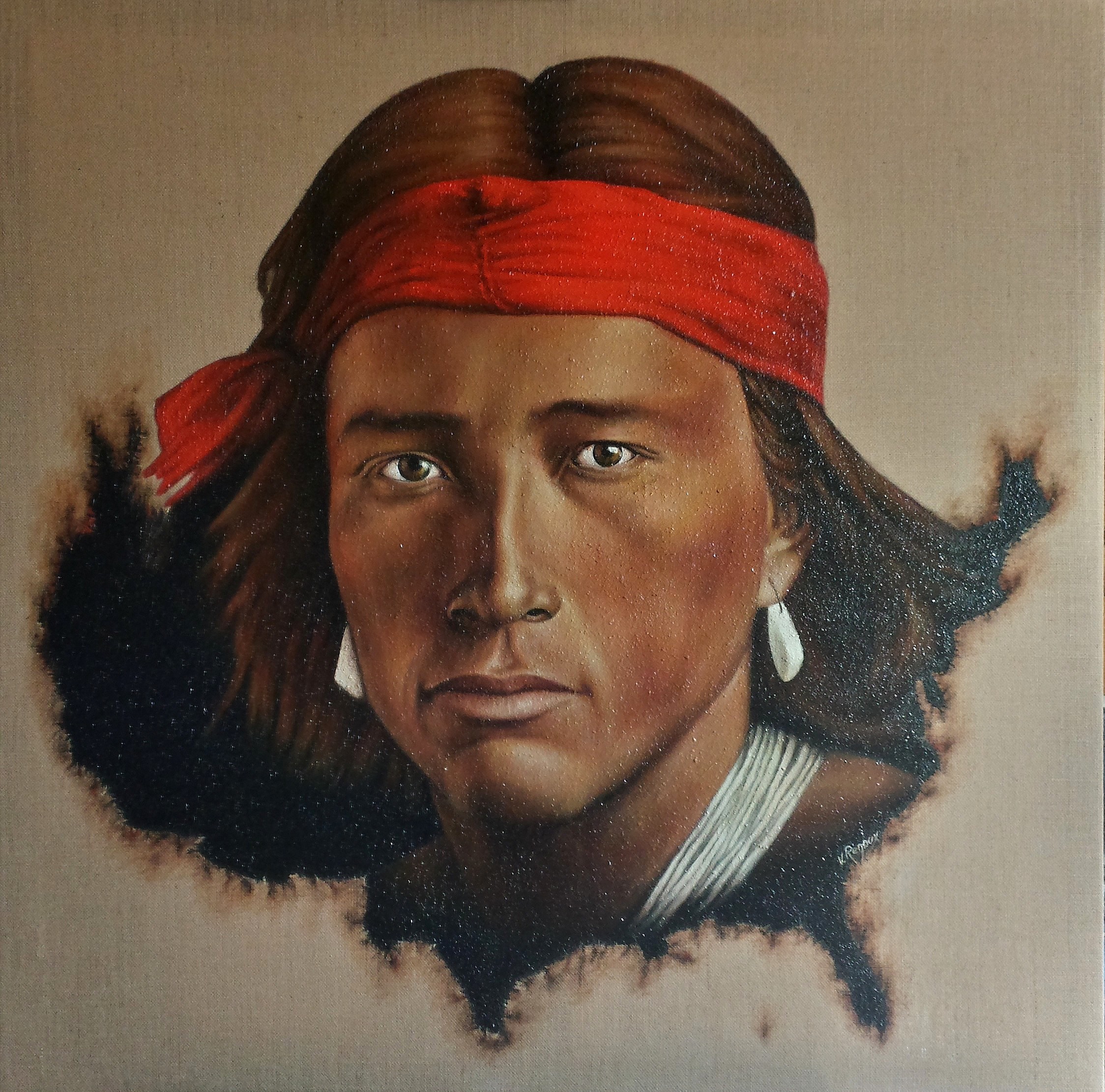 Geronimo - Huile sur toile de jute brute 100x100  - Disponible